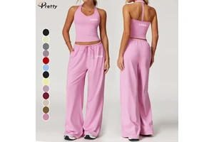 Custom Women's Gym Activewear 2-Pc Set T-Line Tank Top Drawstring Loose Pants Quick Dry Tennis Running Gym Clothing Yoga Wear