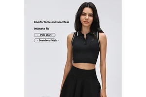 Women's Contrast Color Polo Neck Sleeveless Vest, Cropped & Waist Exposed, with Chest Pad, Fitness Sports Yoga Top