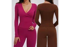 YIYI Highly Elastic Cross V Neck Running Yoga Jacket Women Long-Sleeve Workout Tops Quick Dry Slim Fit SportsJacket with Pads