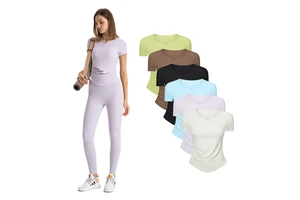 DS386 SPR Ribbed High Elastic Fashion Scrunch V Neckline Short Sleeve Slim Jogger Gym Fitness Yoga Tops Sportswear t Shirt