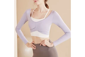 Women Clothing Hanging Neck Two Piece Sport Wear Top Long Sleeve Gym Wear T-Shirt Quick Drying Yoga Elastic Crop Top
