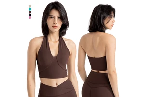 Women Plus Size Yoga Tank Top Deep V Neck Ribbed Breathable High Support Halter Sports Bra Backless Sweat-Wicking Four-Way