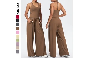Brushed Women's Breathable Recyclable Sports Two-Piece Vest Top Oversized Loose Fit Wide Leg Flared Pants Full-Length Activewear