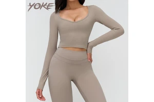 Yoke Women's Brushed Fabric Yoga Long-Sleeve V-Neck Fitted Casual Yoga Top for Outdoor Running and Fitness