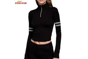 Women's High Neck Half Zip Crop Top for Summer Workouts Contrast Striped Sleeves Stretchy Fabric Yoga Fitness Gym Top