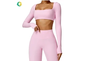 Brushed Square Neck Long Sleeve Tight Fitting Yoga Top Seamless Nylon Spandex Women Gym Fitness Workout Activewear Shirts Sports