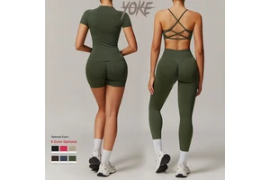 Yoke Best Selling Women's Activewear Workout Set Slim Fit Long Sleeve T-Shirt Seamless Bra Yoga Leggings Fitness Solid Yoga Sets