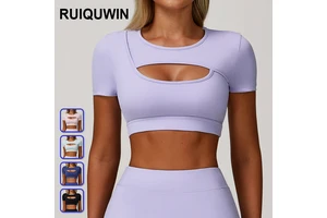 RUIQUWIN Wholesale 2025 Women's Sexy Fitness Wear Cutout Short Sleeve High Elastic Sports T-shirt Breathable Yoga Tops
