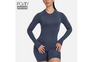 POVTY Custom Front Women's Lightweight Long Sleeve Yoga Fitness Tops Seamless Breathable Four-Way Stretch Slim Fit Skinny