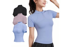 Custom Women Plain Half-zip Plus-size Sports and Yoga Top Stretchy and Figure-hugging Short Sleeves and Round Neck Summer Style