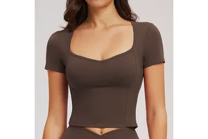 Women's Seamless Spandex/Nylon Solid Yoga Short-sleeve Top Large Neckline Tight-fitting Sports Shirt Outdoor Running