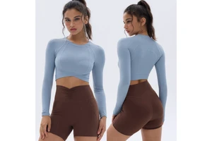 Aoyema New Yoga Clothes Crop Top Women Breathable Quick Dry Running Stretchy Tight Slimming Workout Shirts Fitness Long Sleeve
