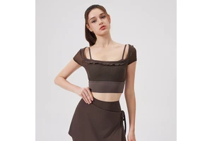 Women's Ruffle Mesh Short Sleeve Yoga Top Built-in Cup Sports Bra Quick Dry Workout Shirt for Running & Fitness