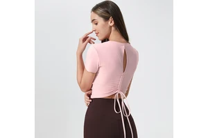 Womens Short Sleeve Crop Yoga Top NylonSpandex FourWay Stretch Moisture Wicking Breathable Quick Dry Workout Adjustable Back Tie