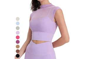 Quick Dry Running Workout T-shirt Sexy Mesh Woman Clothing Short Sleeve Fitness Shirt Yoga Crop Top for Women With Fixed Padded