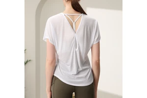 Womens Tops Short Sleeve Open Back Y Back Strap Loose Lightweight Sheer Gym Clothes Activewear Yoga Fitness Workout Casual Run