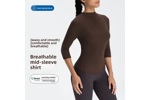 Women's Modal Ribbed Mock Neck Yoga Top, 3/4 Sleeve Slim Fit Soft Stretch Workout Athletic Shirt