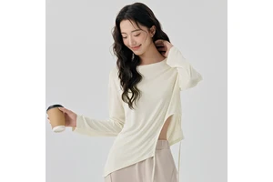 JCX Plus Size Yoga Blouse Side Sexy Hollow Drawstring Loose Breathable Pilates Sports Women's Long Sleeve