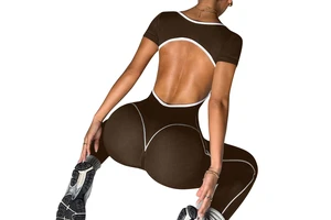 Seamless Solid V Neck Sleeveless High Waist Slim Yoga Bodysuit Hollow Back Nylon/Spandex Four-Way Stretch Breathable for Women