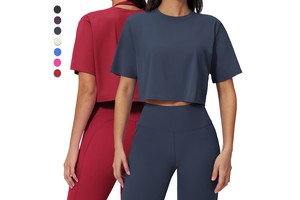 FDX3091 Women Cropped Yoga T-Shirt Loose Crew Neck Short Sleeve Top Casual Breathable Sportswear for Running Gym