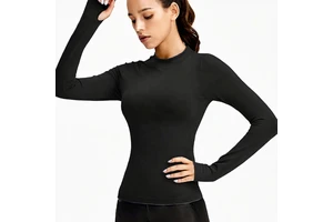 Wholesale Women's Long Sleeve Four-Way Stretch Spandex/Nylon Crew Neck 160g Sport Sweat Fitness T-shirts Skinny Fit Front Yoga