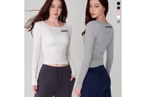 XW-ADCX42009 Round Neck Wholesale Sportswear Pleated Side Waisted Fitness Long Sleeve Gym Women Sports Custom Yoga Top