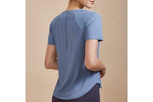 Women's Custom Logo Workout Fitness Top Quick Dry Stretch Mesh Patchwork Yoga Set Running Training Shirt Curve Hem Solid Pattern