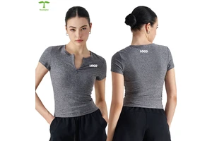 Breathable and Quick Dry Nude Slimming Yoga Top Round Neck Fitness Sports T-Shirt with Front Logo Four-Way Stretch for Adults