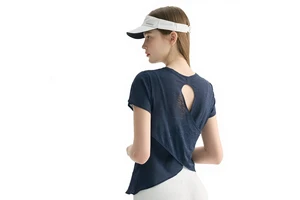 100% Polyester Breathable Yoga T-Shirt Hollowed-Out Beautiful-Back Sports Top Women's Yoga Wear Round-Neck Fitness