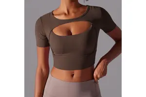 Solid-color Patchwork Mesh Sexy Short Sleeve Double-layer Sportswear for Running and Fitness Breathable Soft Yoga Clothes