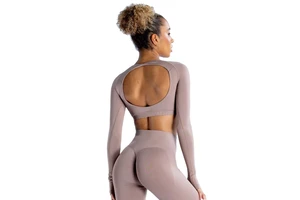 Women Open Back Crew Neck SEAMED Crop Yoga Top Long Sleeve Regular Fit Breathable Quick Dry Front Logo Spandex/Nylon Activewear