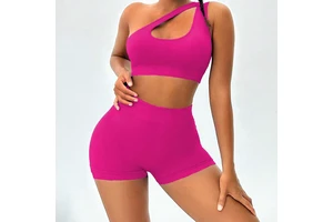 Women's High One Shoulder Sports Bra Yoga Shorts 2-Piece Set Mid Belt Front Logo Quick Dry Breathable Eco-Friendly Plus Size