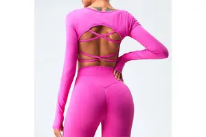 Women New Long Sleeve Sexy Backless Cross Beauty Back Quick-Drying Sports Fitness Seamless Yoga Top