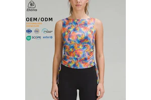Customizable Athletic Wear Colorful Tie-Dye Printed Sleeveless Gym Yoga Tops Adjustable Side Ruched Fitness Tank Top