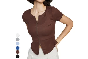 Modal Ribbed Yoga Clothing Double Zipper Crew Neck Slim Sports Shirts Casual Short Sleeve Fitness Top Yoga T Shirt for Women