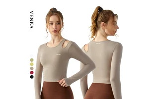 Custom Logo Women Athletic Wear Hollow Out Shoulder Sexy Top Running Fitness With Chest Pad Women Yoga Long Sleeve T Shirts
