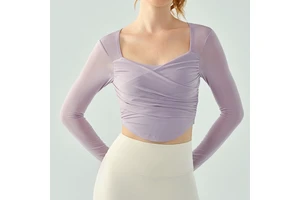 Women's Lightweight Long-Sleeved Yoga Top Quick-Drying Fitness T-Shirt Cross Pleated Design Chest Cushion Hollow Mesh Sports Top