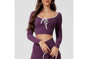 Women's Stretchy Slim Fit Yoga Top Round-Neck Color-Blocked Quick-Dry Casual Athletic Cropped Top for Training Running Fitness