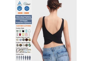 Custom Wholesale Women's Backless Short Crop Top Built-in Bra Padded White Tank Top Ribbed Cotton Spandex Front High Stretch