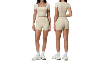 Europe United States Summer New Yoga 4-Piece Set Women's Hip Tight High-Waisted Print/Solid Fitness Shorts Sports Quick-Drying