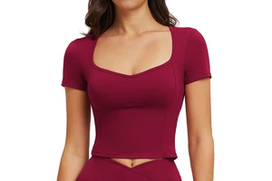 Women's V-Neck Lightweight Breathable Workout Shirt-Four-Way Stretch Quick Dry Yoga & Running Crop Top