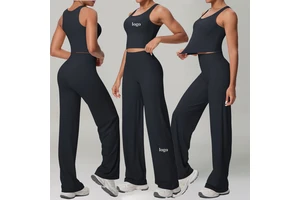 Women Compression Custom Logo Sleeveless Crop Tank Top Sports Loose Straight-leg Yoga Pants Fitness Breathable Yoga Set