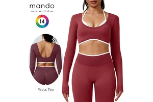 Women's Seamless Nylon Spandex Long Sleeve Crop Top Halter Backless Color Block Activewear for Yoga & Gym Sports