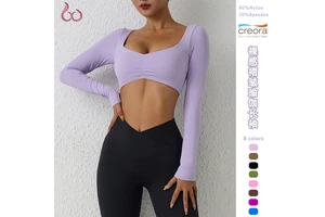 Nylon Gym Fitness Top Yoga Long Sleeved T-shirt Tight Pleated Sports Women's Waist Tight Yoga Top Crop Top Long Sleeves