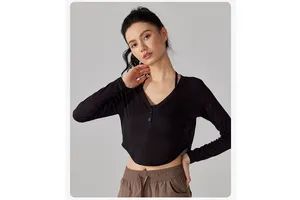 ZONA Polyester/Nylon Yoga Long Sleeve Loose Breathable Criss Cross Neck Striped Pattern Tank Top Sports Cover-Up Quick-Dry Running