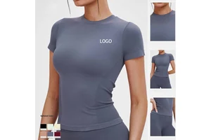Custom LOGO Seamless Yoga Short Sleeve Round Neck Comfortable Sporty Solid Color Yoga T-Shirt for Outdoor Running and Exercise