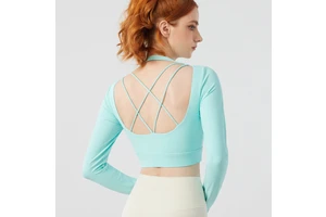 Women's Fashionable Cross Back Yoga Running Fitness Top Long Sleeve Summer Spring Spandex Shirt with Padding