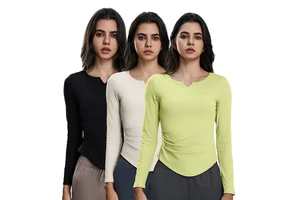 D25175 V Neck Long Sleeve Sports Top Slim Elastic Tight Yoga Tops with Paddings Gym Fitness Workout T-shirt for Women