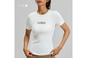 OEM Custom High Elastic Sports Gym Tops Waterdrop Hollow & Back Hem Cross Breathable Quick Dry Women's Short Sleeve Yoga T Shirt