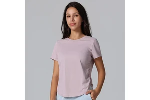 Women's Drawstring Side Short Sleeve Workout Shirts Athletic Tops Breathable Yoga Curve Hem Classic Round Neck Sports T-Shirts